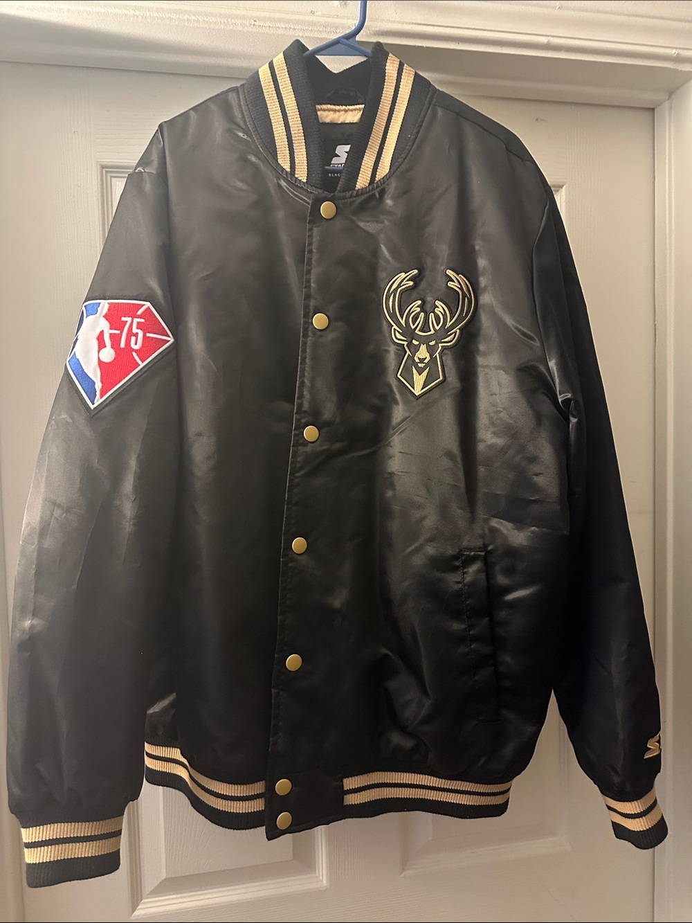 STARTER Black and Gold Milwaukee Bucks Satin Bomber Jacket